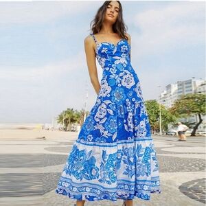 FARM Rio Blue and White Floral Maxi Dress